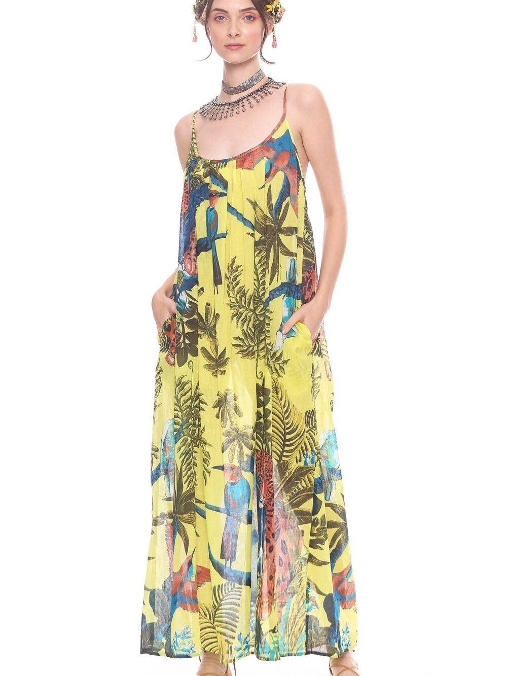 Aratta Wild Nights Dress Sheer Yellow Tropical Bird Slip Maxi Dress